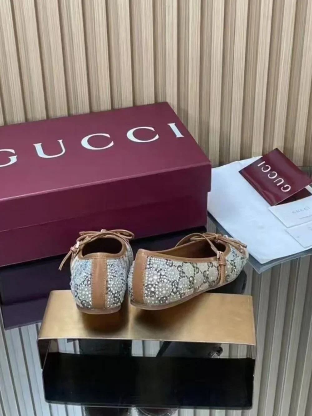 Gucci Monogram Canvas Rhinestone Horsebit Bow Mary‑Jane Flats